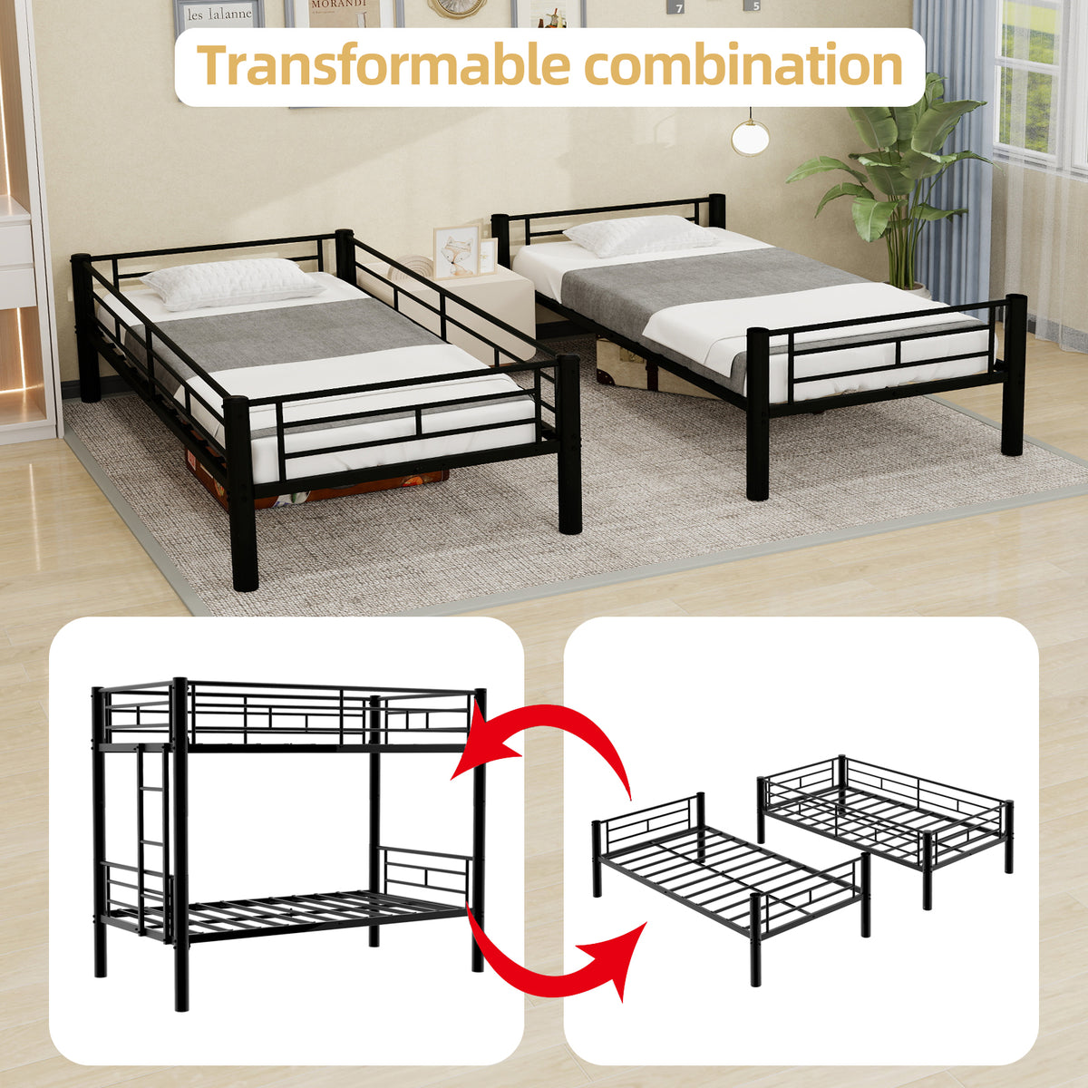 Black Convertible Metal Bunk Bed – 90 × 190 cm — detail 8