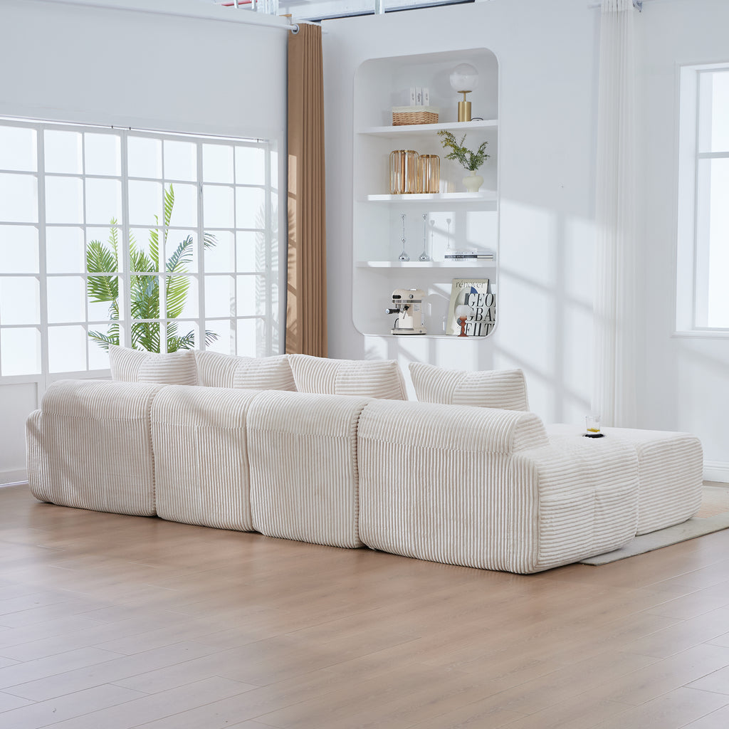 Beige Corduroy 4-Seater Modular Sofa with Two Ottomans — detail 13