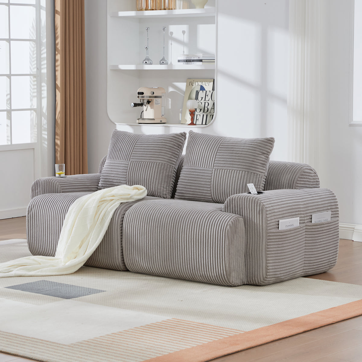 Light Grey Corduroy 2-Seater Modular Sofa — product view