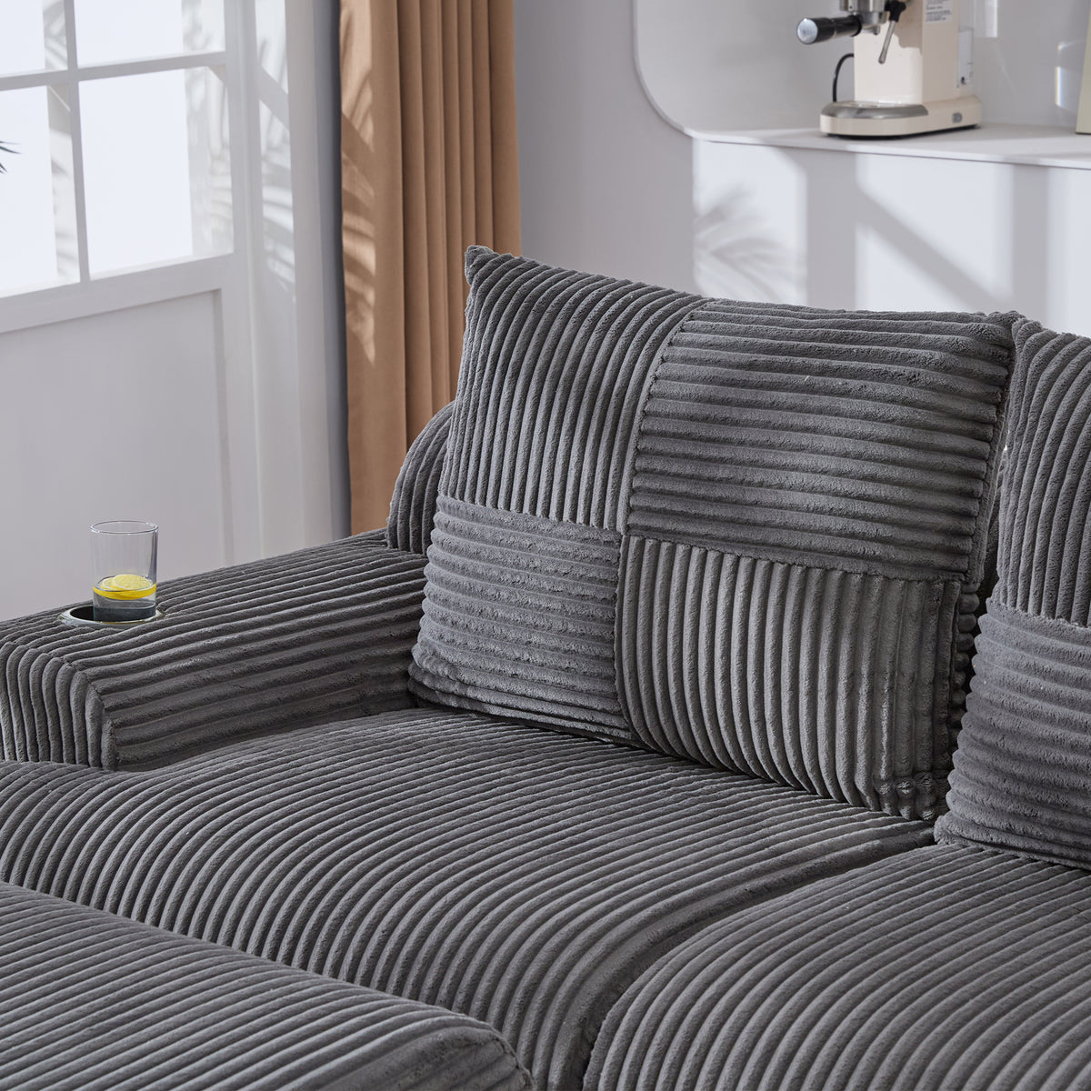 Dark Grey Corduroy 3-Seater Modular Sofa with Ottoman — detail 17