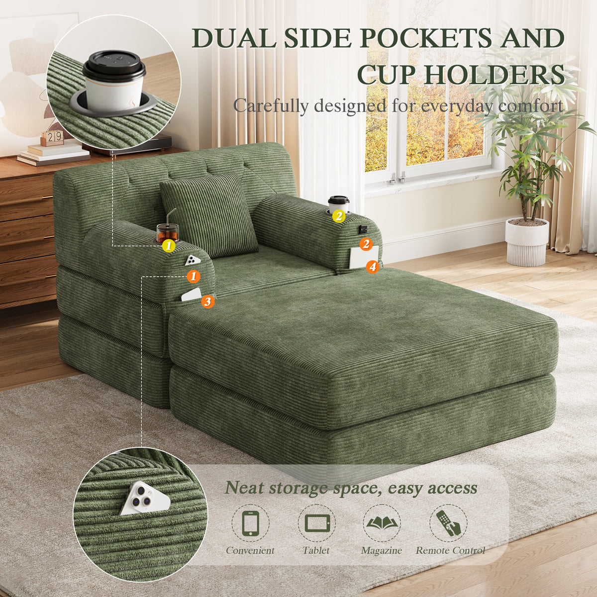 Green Corduroy Sleeper Chair with Ottoman — detail 7