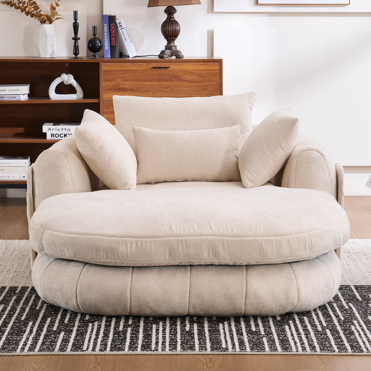 White Oversized Chenille Chaise Lounge with Pillows — detail 8