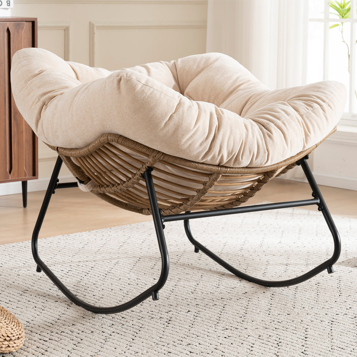 Beige Oversized Rattan Rocking Chair with Cushion — detail 4