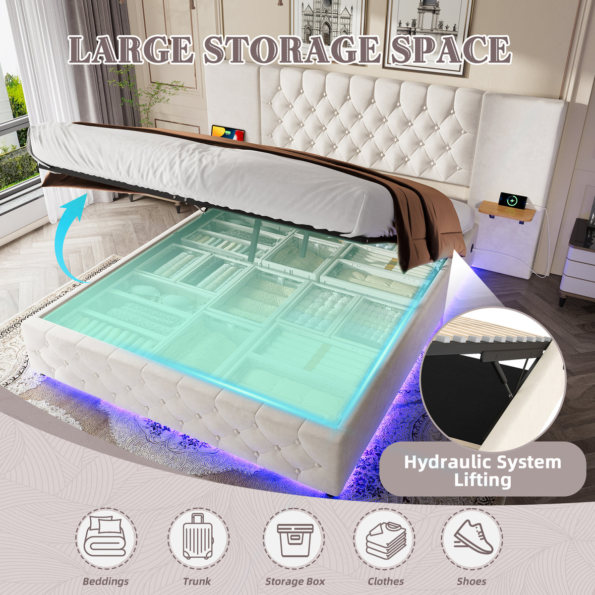 Beige Velvet Storage Bed Frame – 135 × 190 cm — detail 8