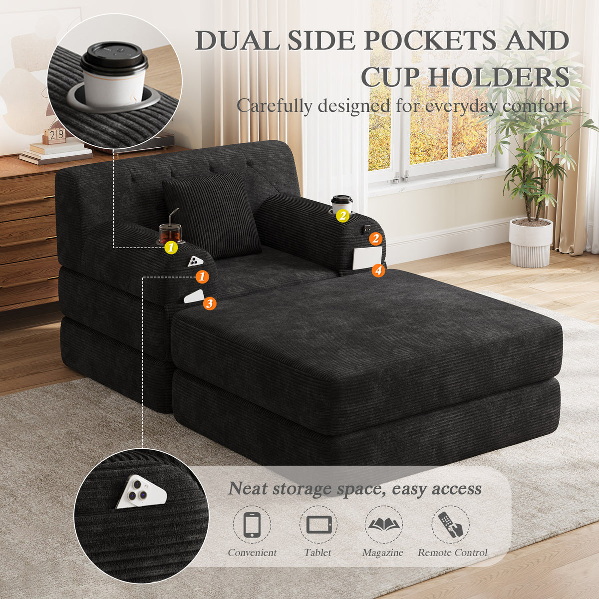 Black Corduroy Sleeper Chair with Ottoman — detail 8