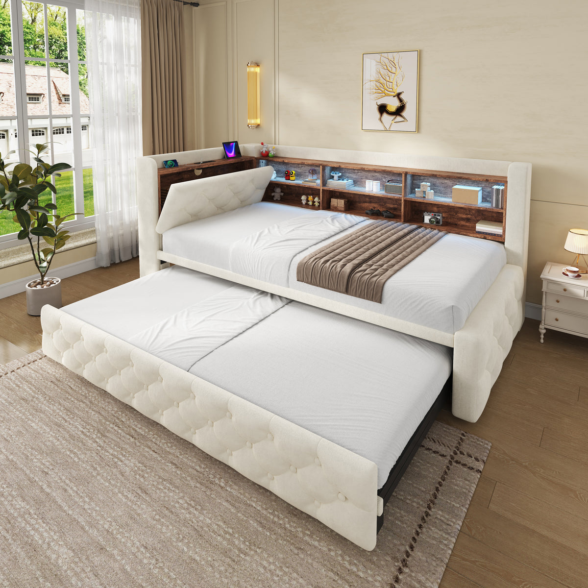 Beige Velvet Storage Bed Frame – 90 × 190 cm — detail 9