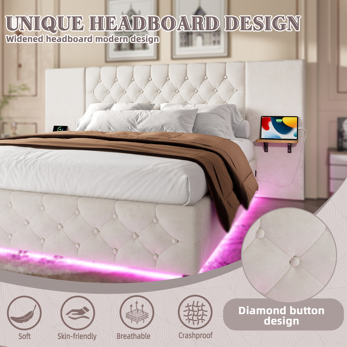 Beige Velvet Storage Bed Frame – 135 × 190 cm — detail 6