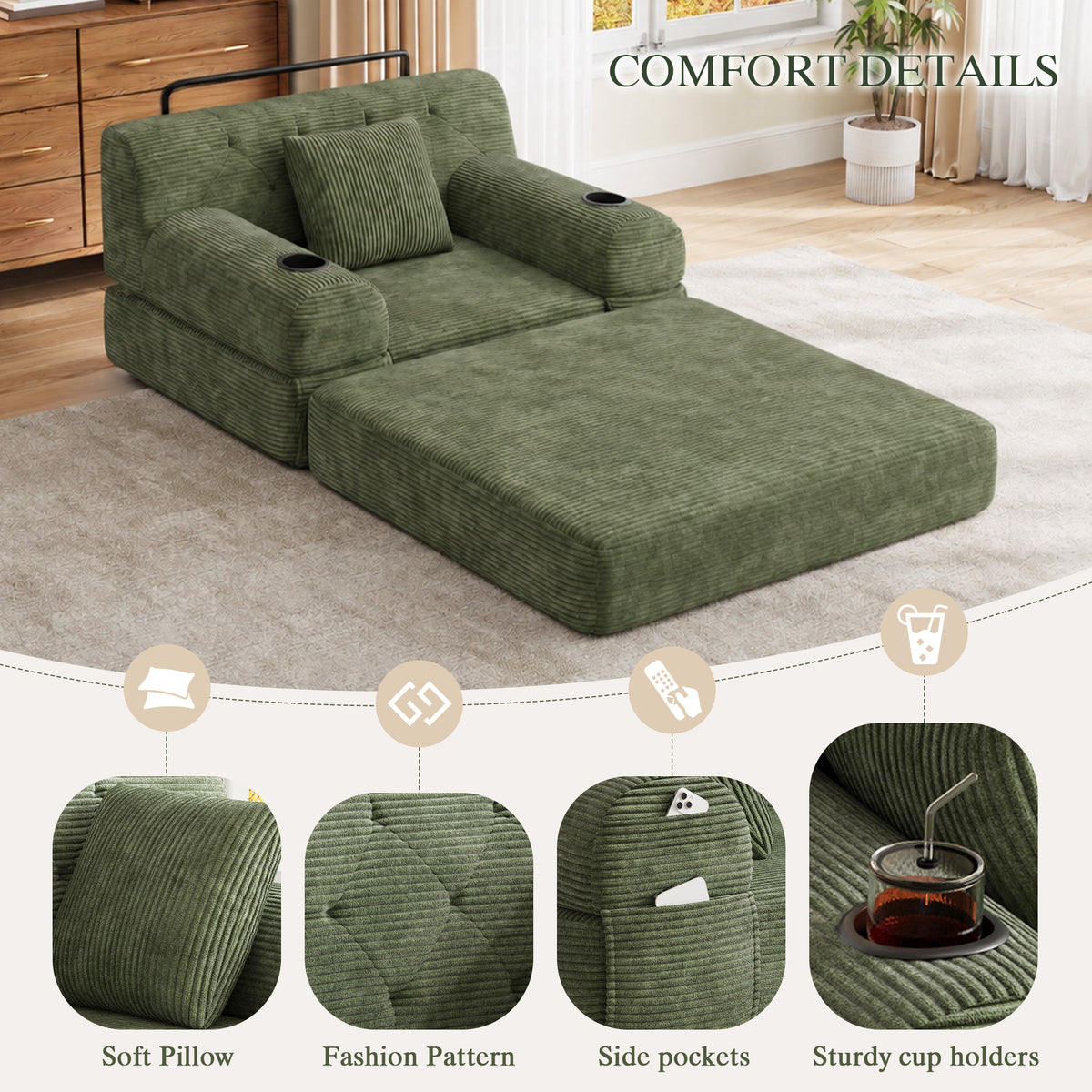 Green Corduroy Sleeper Chair — detail 5