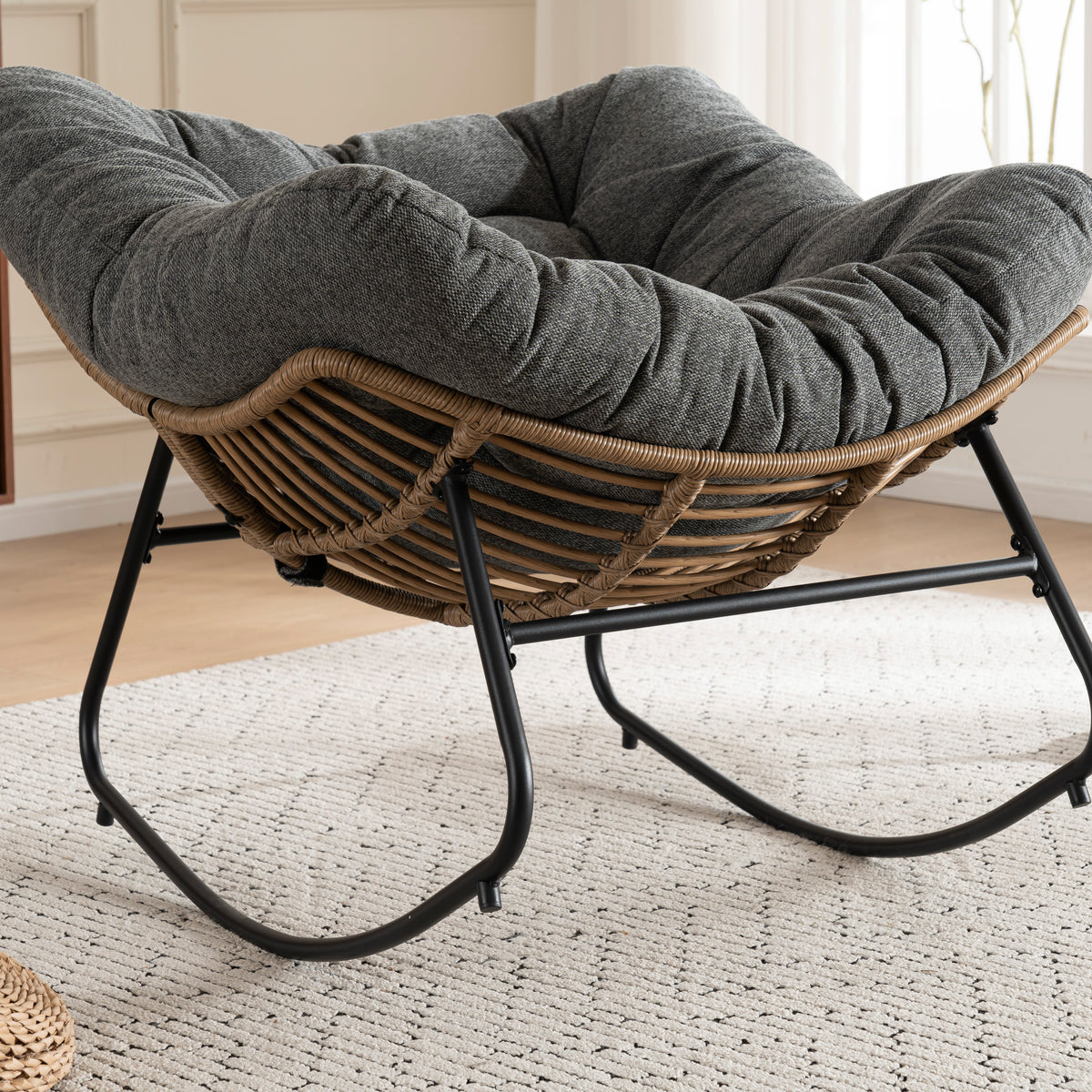 Grey Oversized Rattan Rocking Chair with Cushion — detail 7