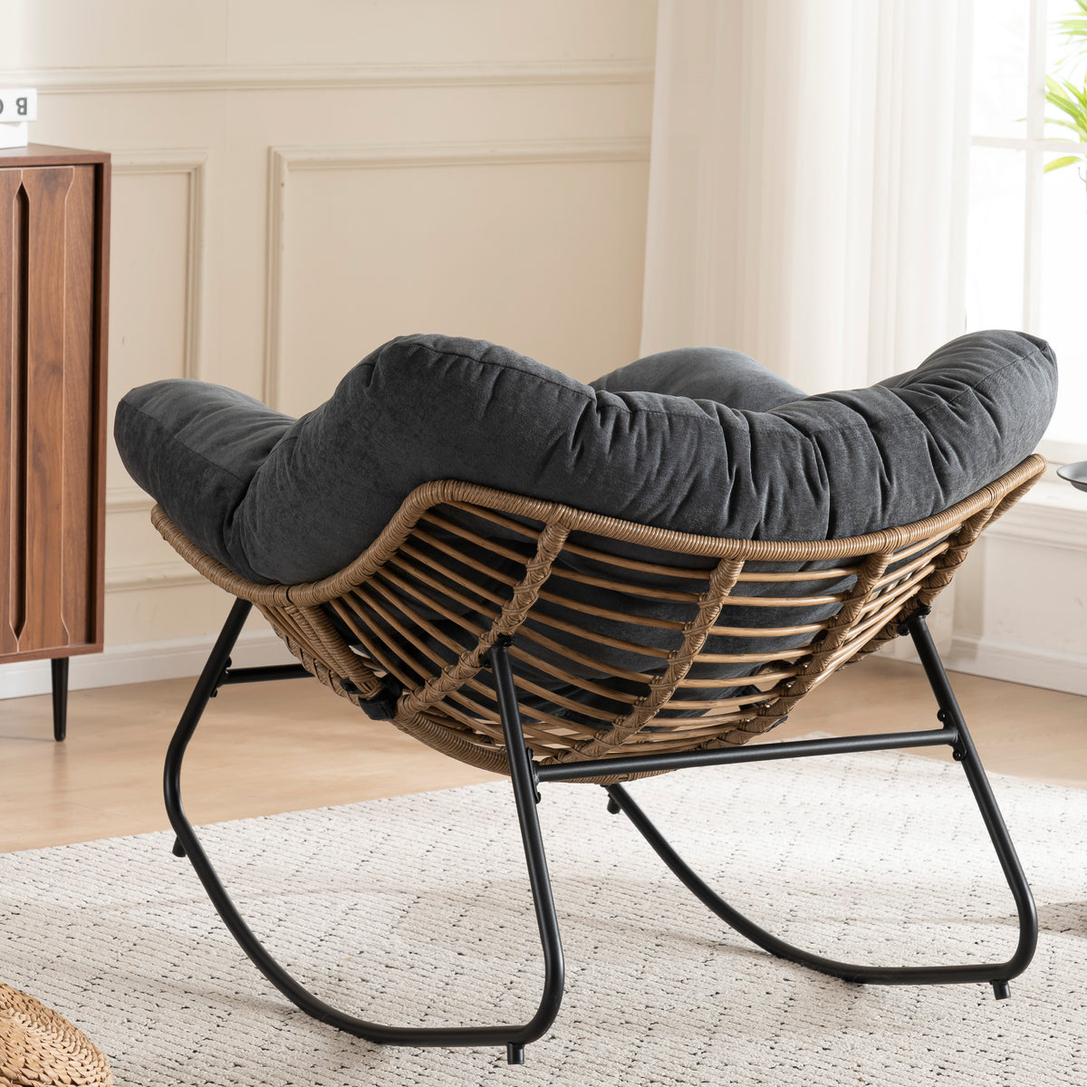 Black Oversized Rattan Rocking Chair with Cushion — detail 6