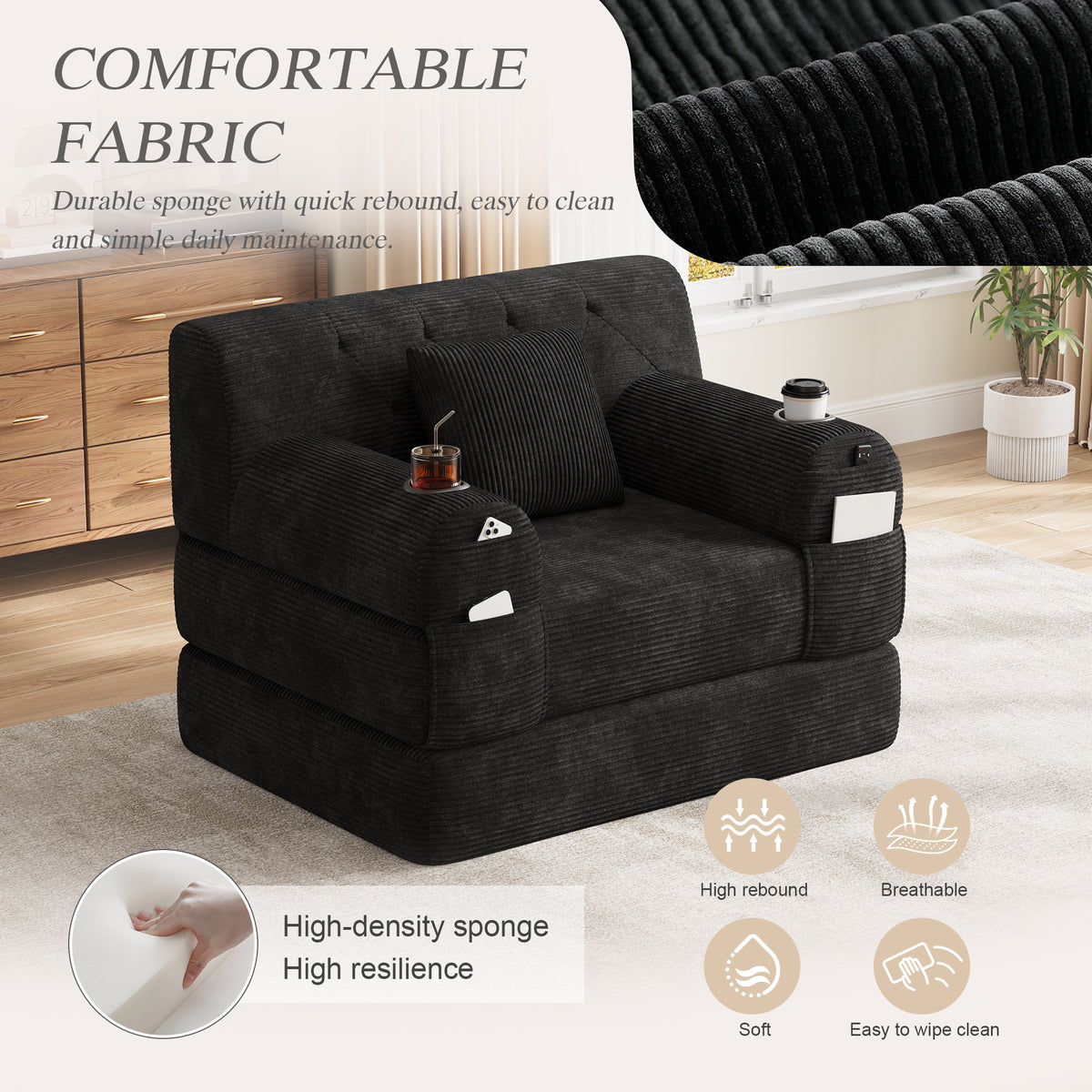 Black Corduroy Sleeper Chair — detail 8