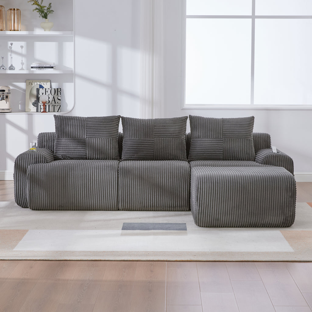 Dark Grey Corduroy 3-Seater Modular Sofa with Ottoman — detail 15