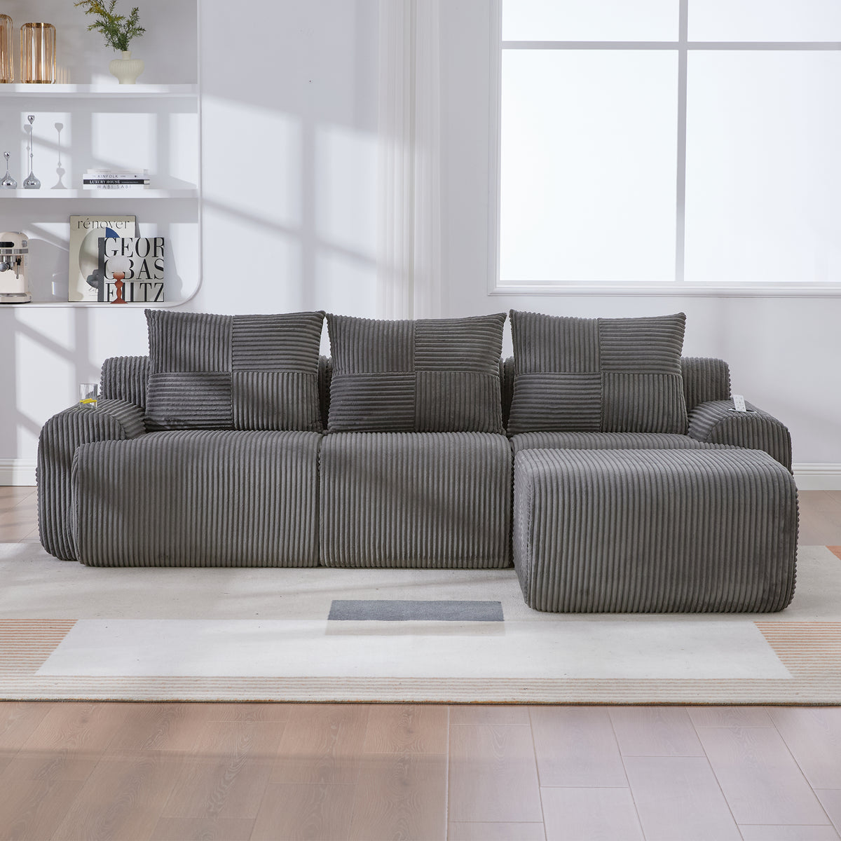 Dark Grey Corduroy 3-Seater Modular Sofa with Ottoman — detail 15