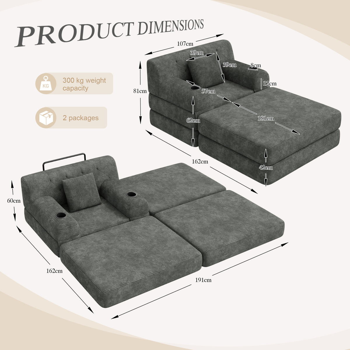 Dark Grey Corduroy Sleeper Chair with Ottoman — detail 2