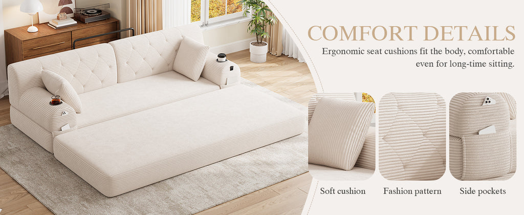 Beige Corduroy 3-Seater Sofa Bed — detail 17