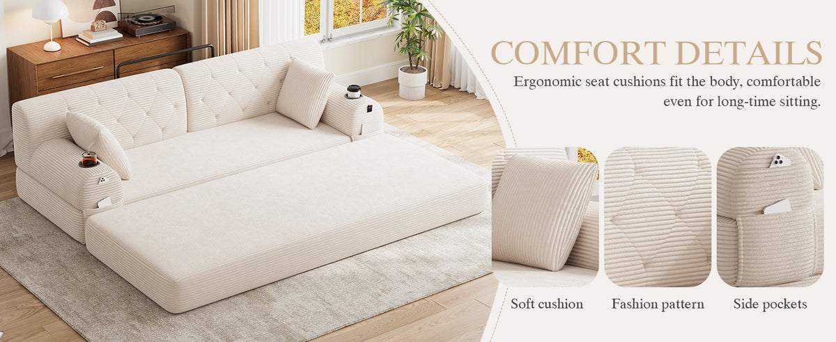 Beige Corduroy 3-Seater Sofa Bed — detail 17