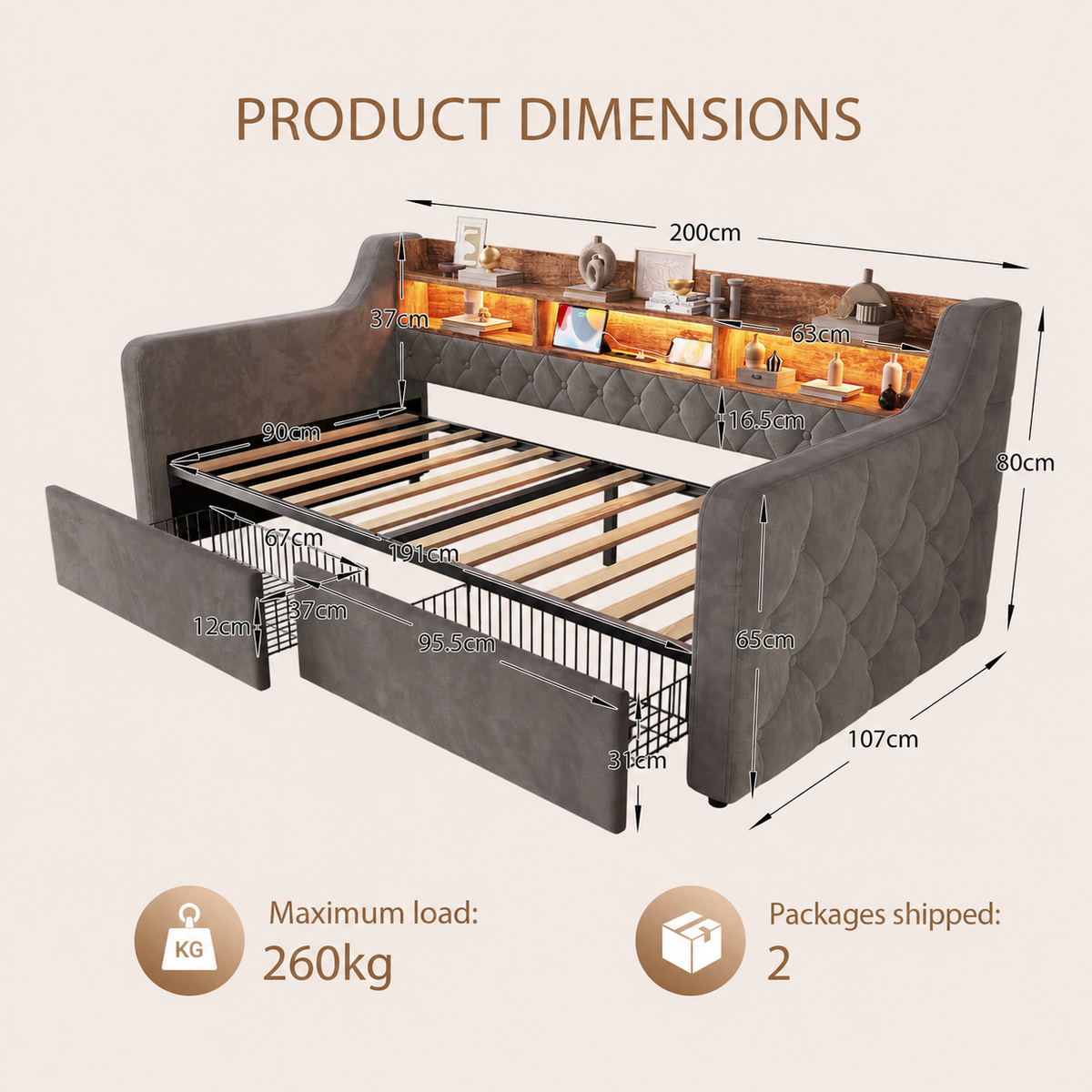 Dark Grey Velvet Storage Bed Frame – 90 × 190 cm — detail 2