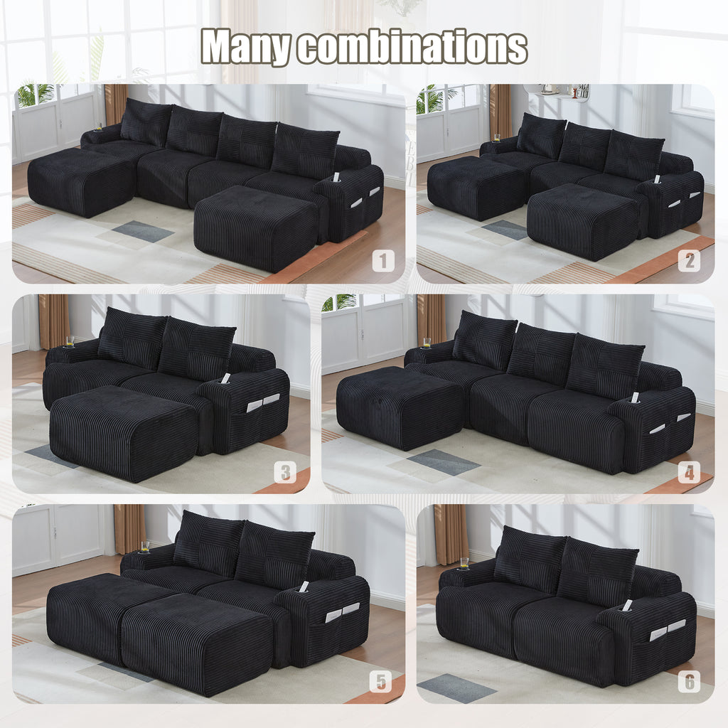Black Corduroy 4-Seater Modular Sofa with Two Ottomans — detail 5