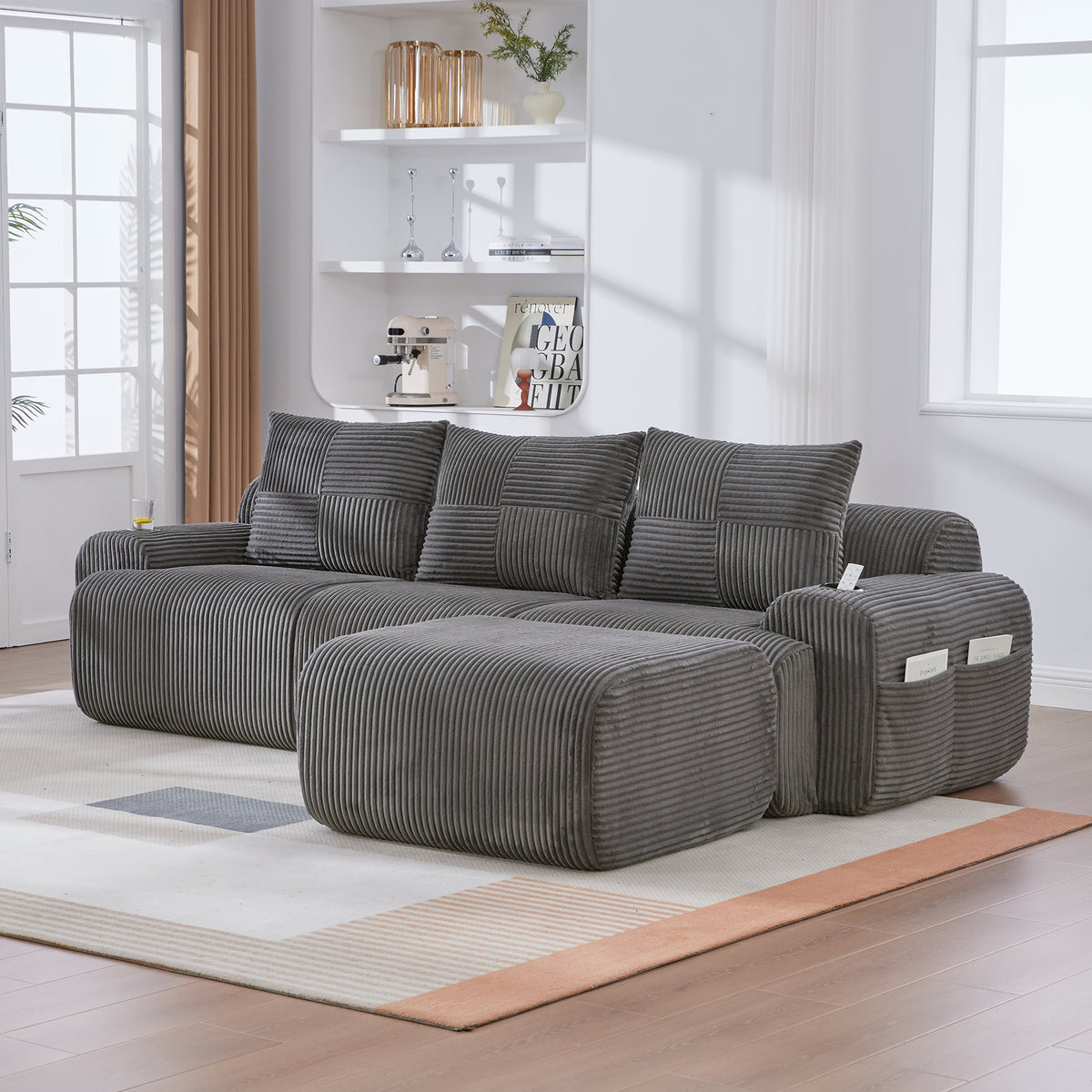 Dark Grey Corduroy 3-Seater Modular Sofa with Ottoman — detail 16