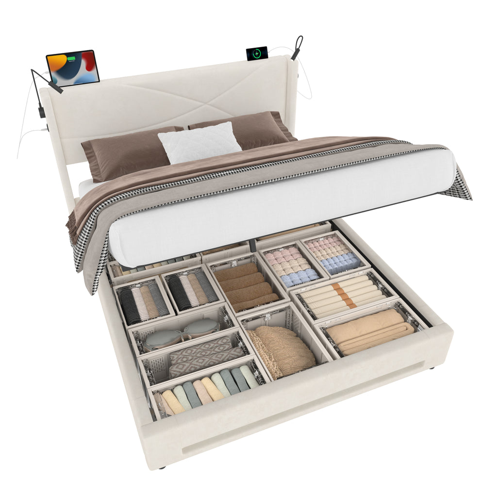 Beige Velvet Storage Bed Frame – 150 × 200 cm — detail 14