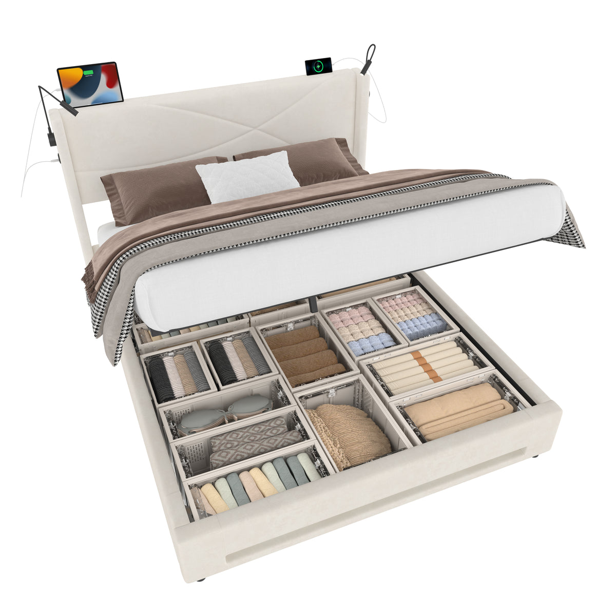 Beige Velvet Storage Bed Frame – 150 × 200 cm — detail 14