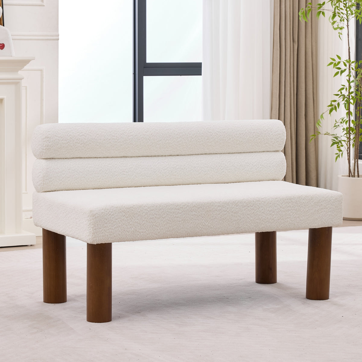 White Bouclé Upholstered Bench with Backrest — detail 13