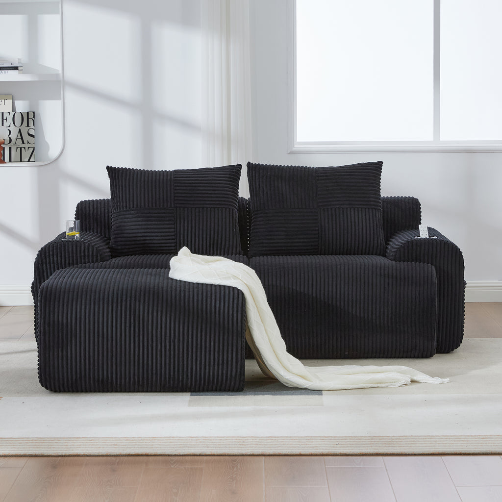 Black Corduroy 2-Seater Modular Sofa with Ottoman — detail 8
