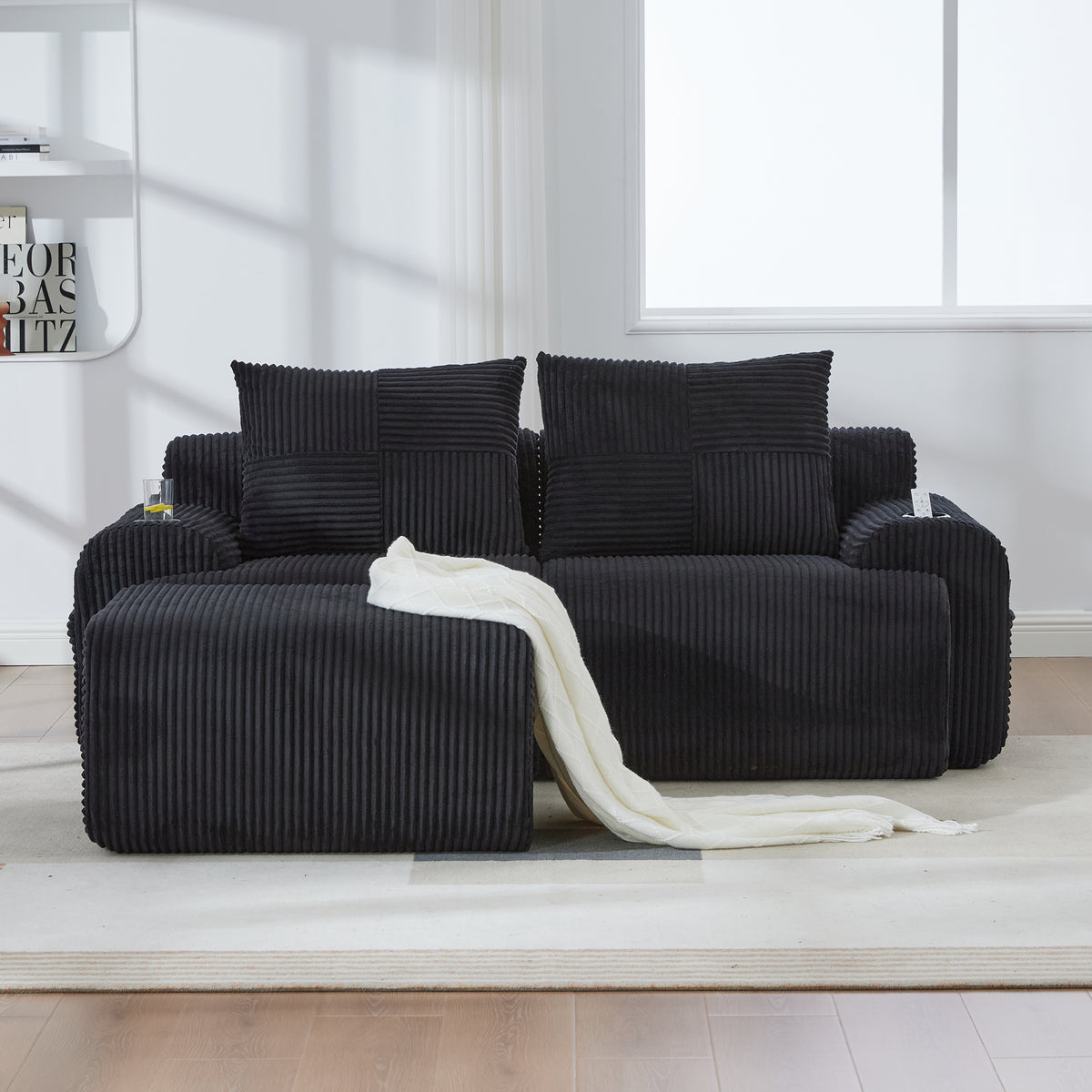 Black Corduroy 2-Seater Modular Sofa with Ottoman — detail 8