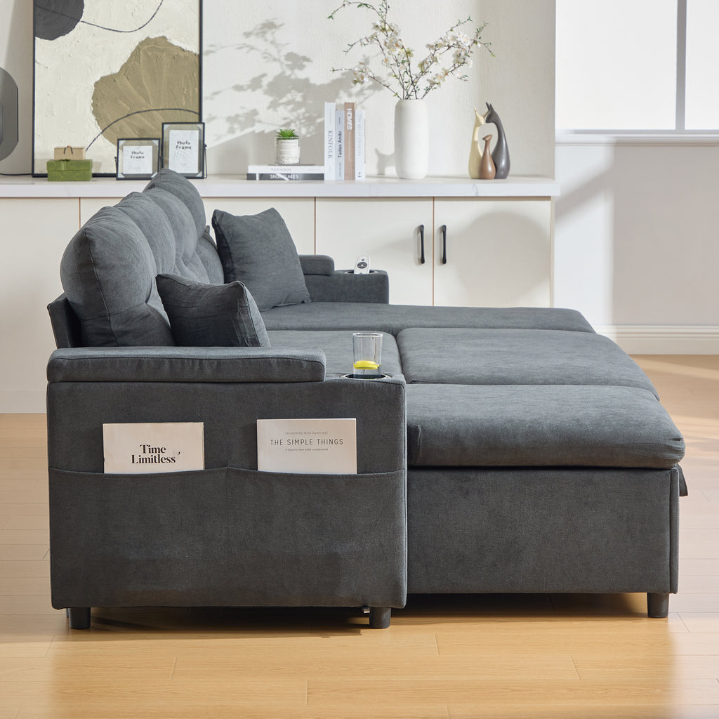 Dark Grey Oversized Chenille Chaise Lounge with Pillows — detail 20