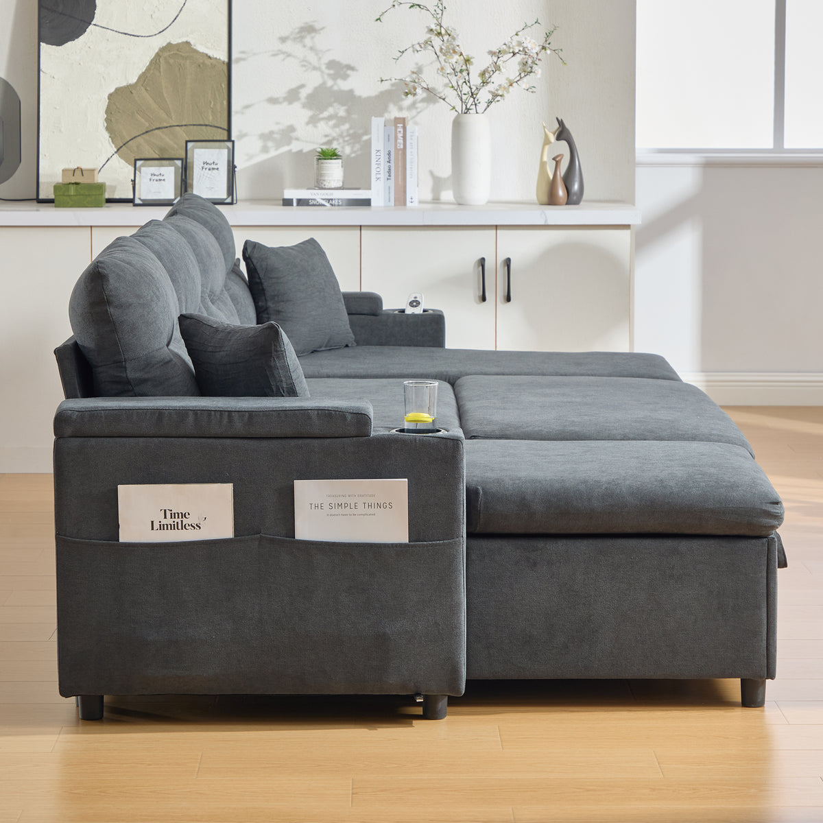 Dark Grey Oversized Chenille Chaise Lounge with Pillows — detail 20
