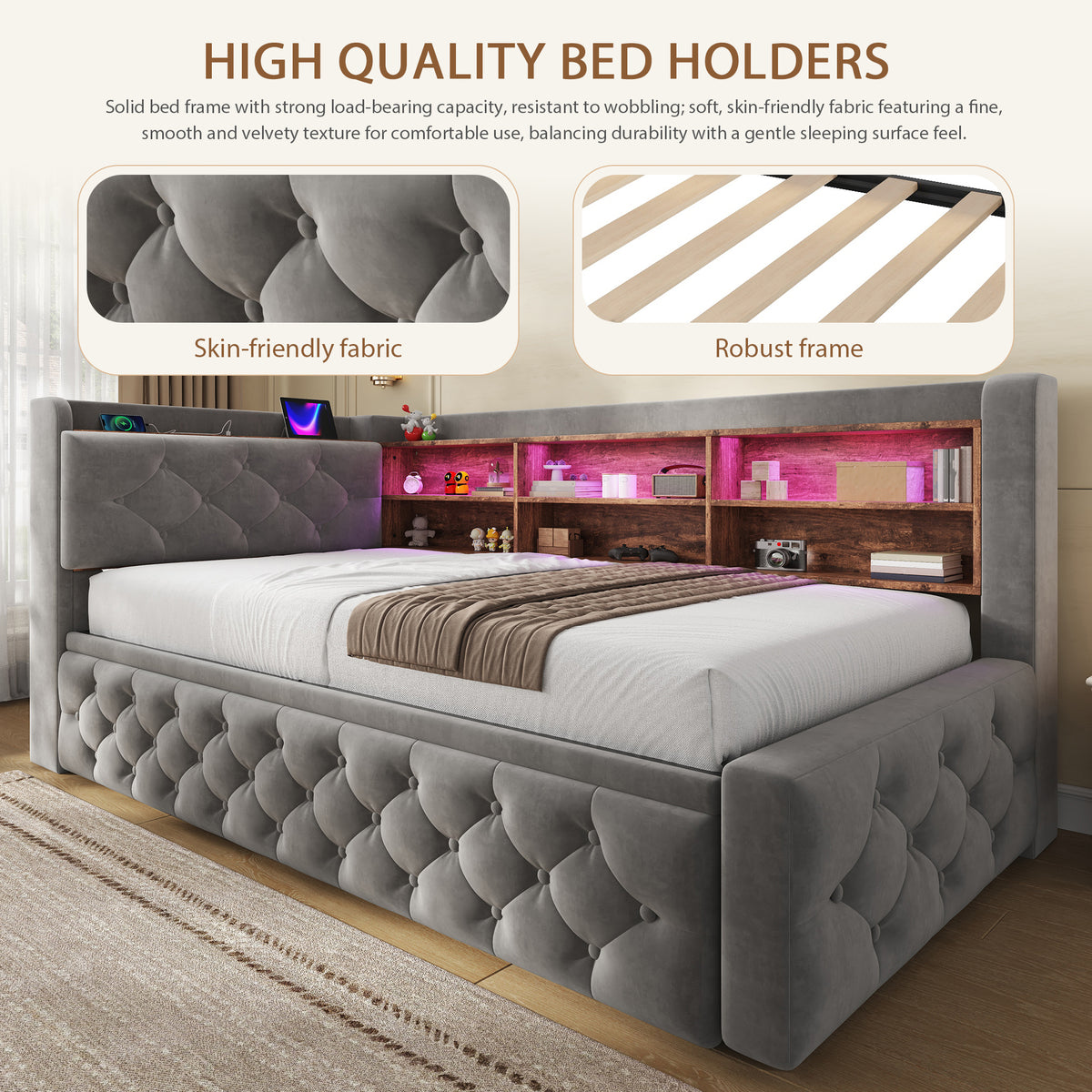 Dark Grey Velvet Storage Bed Frame – 90 × 190 cm — detail 8