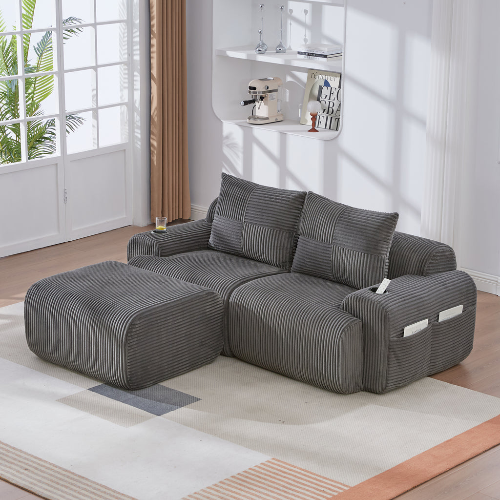 Dark Grey Corduroy 2-Seater Modular Sofa with Ottoman — detail 10