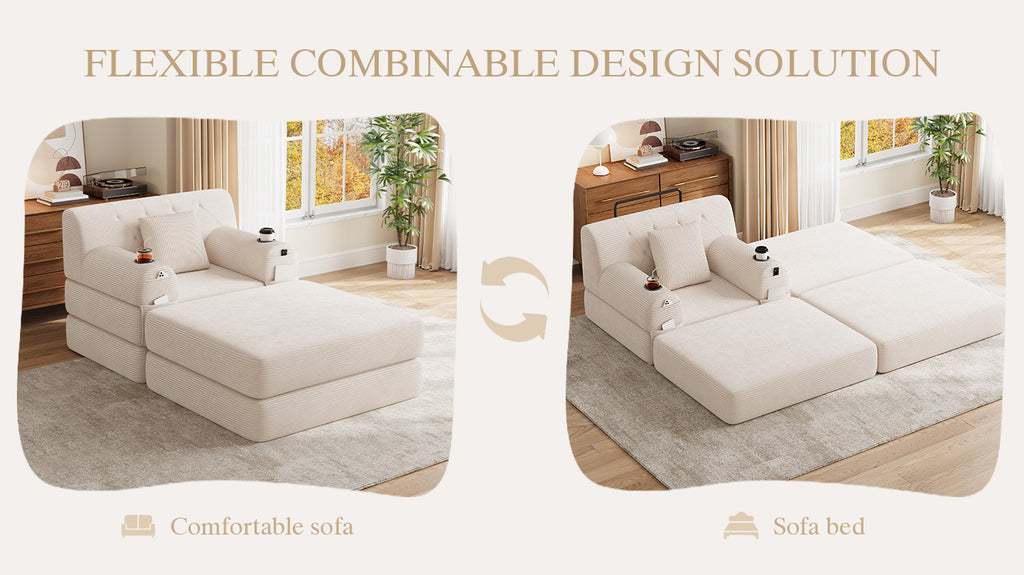 Beige Corduroy Sleeper Chair with Ottoman — detail 11