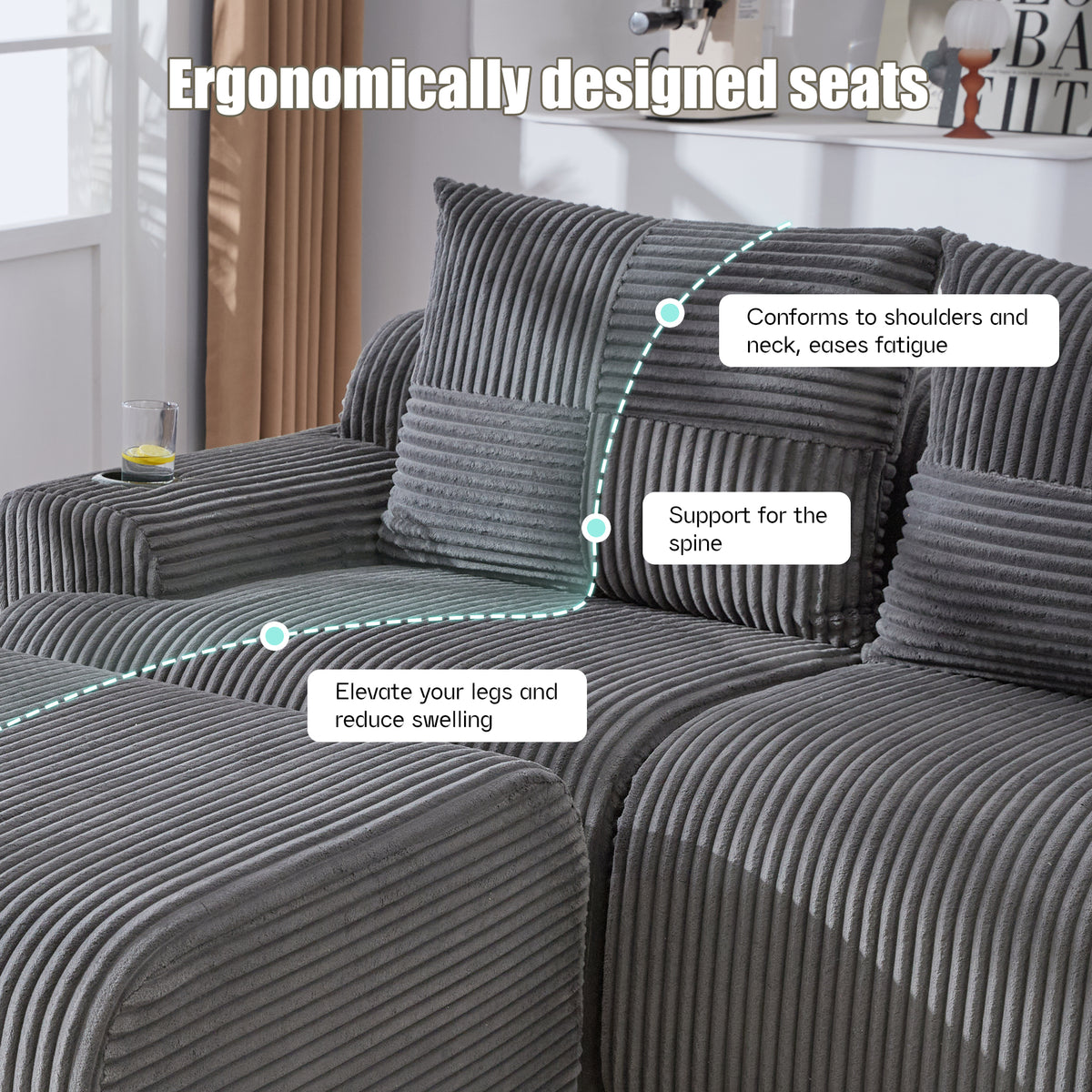 Dark Grey Corduroy 2-Seater Modular Sofa with Ottoman — detail 3