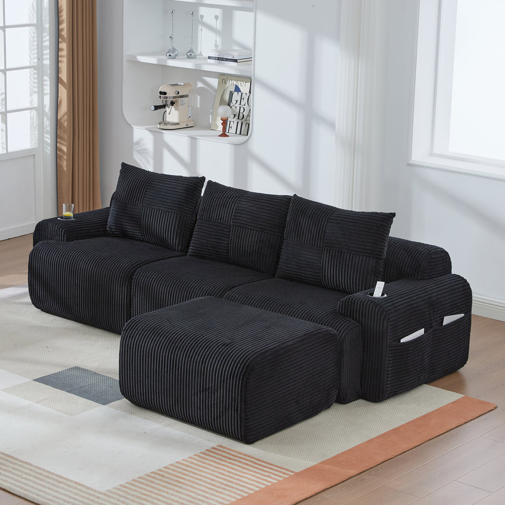 Black Corduroy 3-Seater Modular Sofa with Ottoman — detail 16