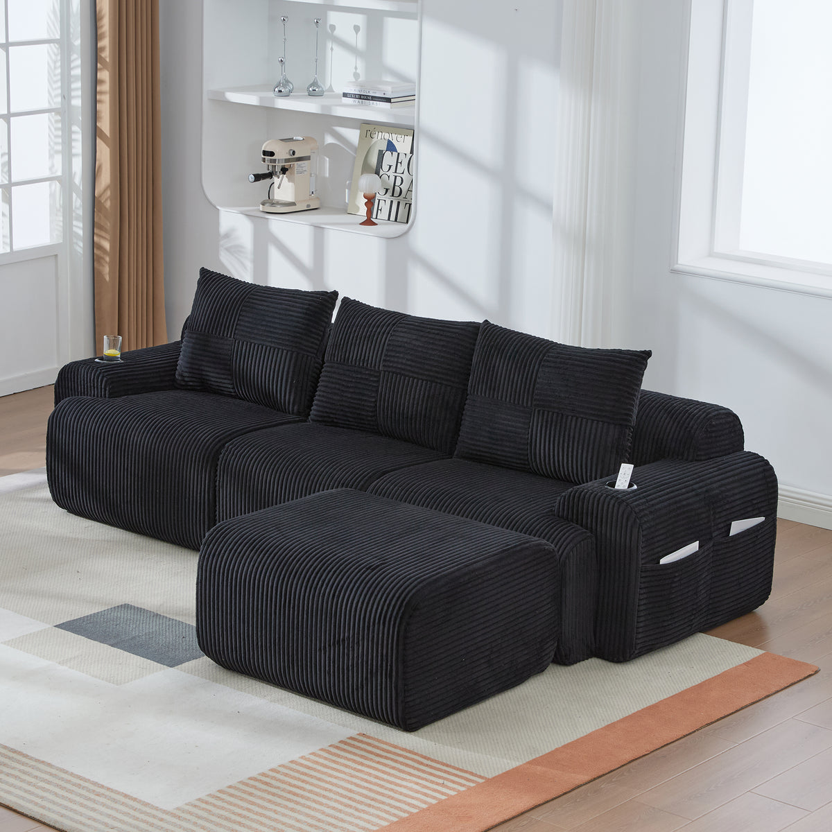 Black Corduroy 3-Seater Modular Sofa with Ottoman — detail 16