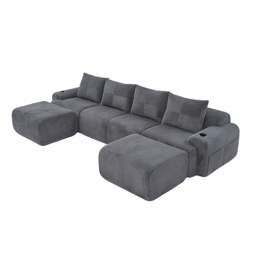Dark Grey Corduroy 4-Seater Modular Sofa with Two Ottomans — detail 21