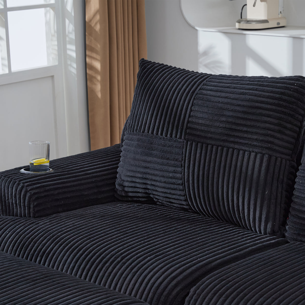 Black Corduroy 4-Seater Modular Sofa with Two Ottomans — detail 15