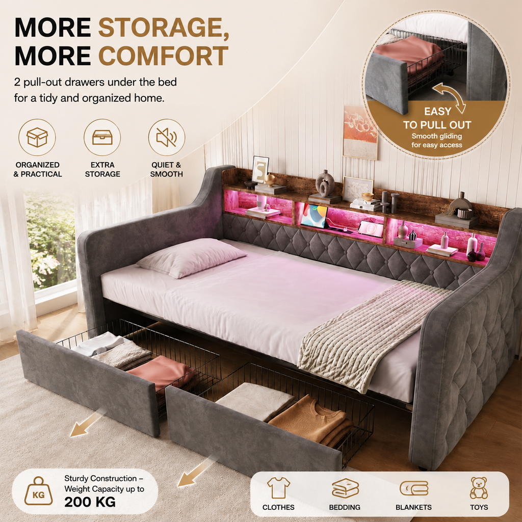 Dark Grey Velvet Storage Bed Frame – 90 × 190 cm — detail 4
