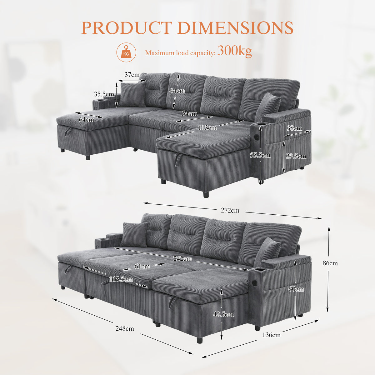 Charcoal grey Oversized Chenille Chaise Lounge with Pillows — detail 3