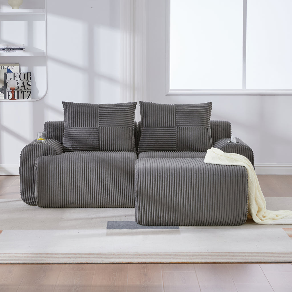 Dark Grey Corduroy 2-Seater Modular Sofa with Ottoman — detail 12