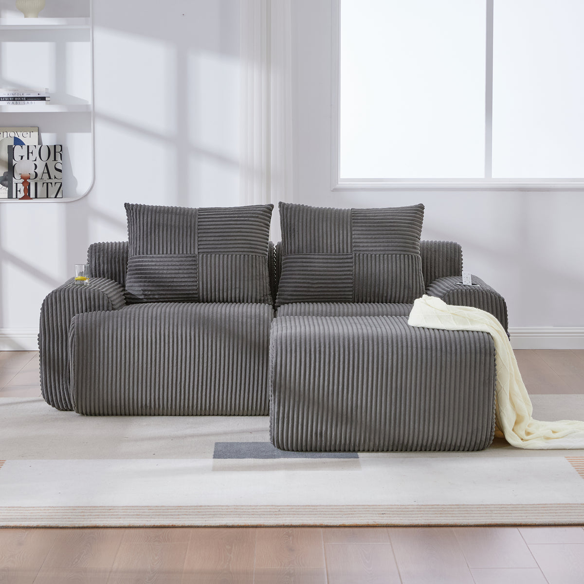 Dark Grey Corduroy 2-Seater Modular Sofa with Ottoman — detail 12