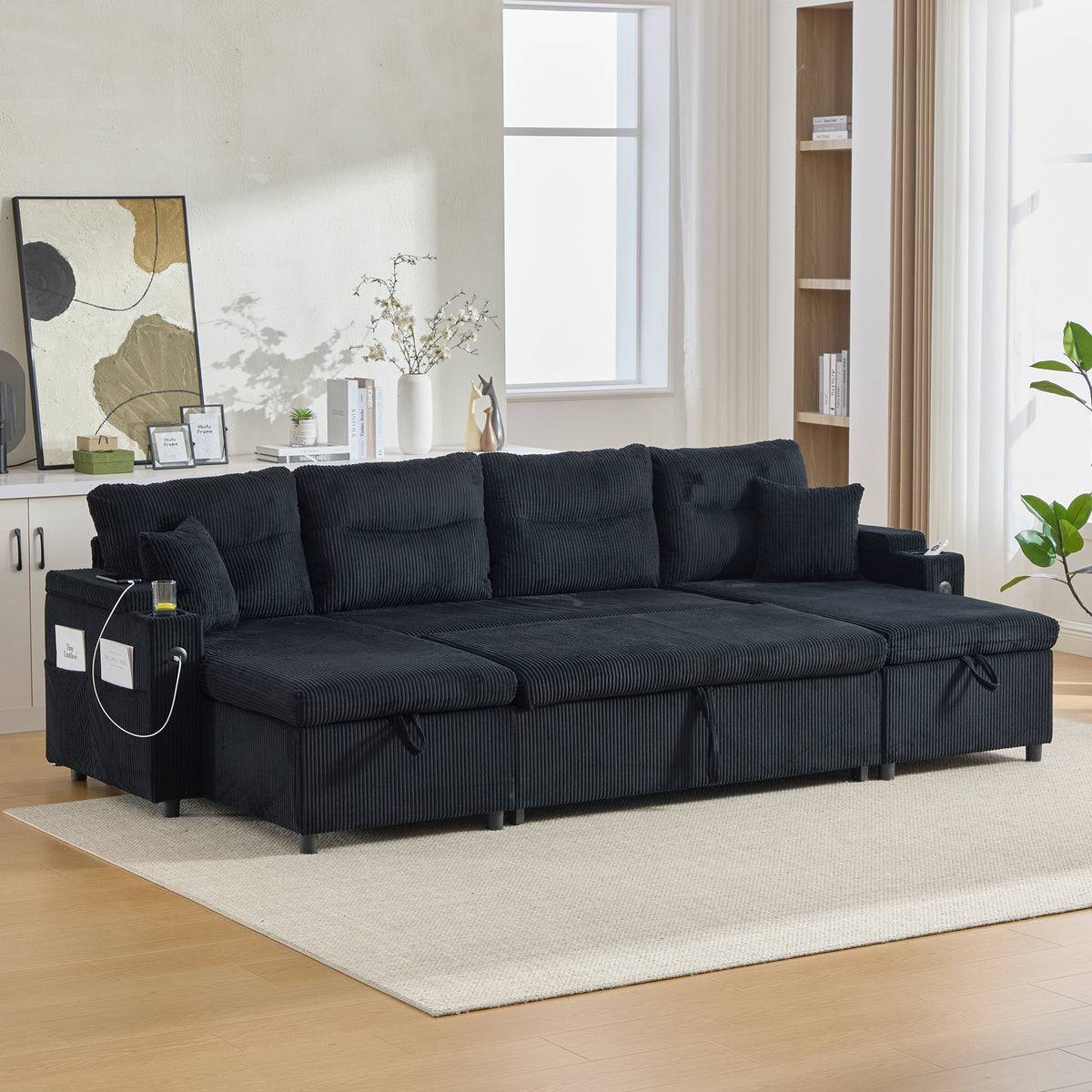 Black Oversized Chenille Chaise Lounge with Pillows — detail 11