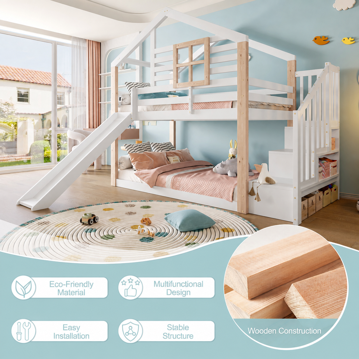White Wooden Bunk Bed with Slide and Storage Stairs — detail 4