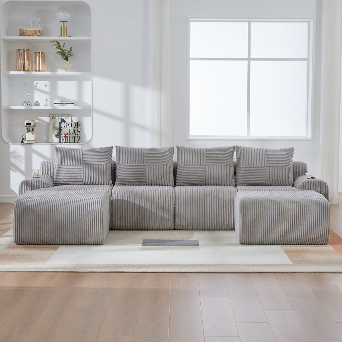 Light Grey Corduroy 4-Seater Modular Sofa with Two Ottomans — detail 10