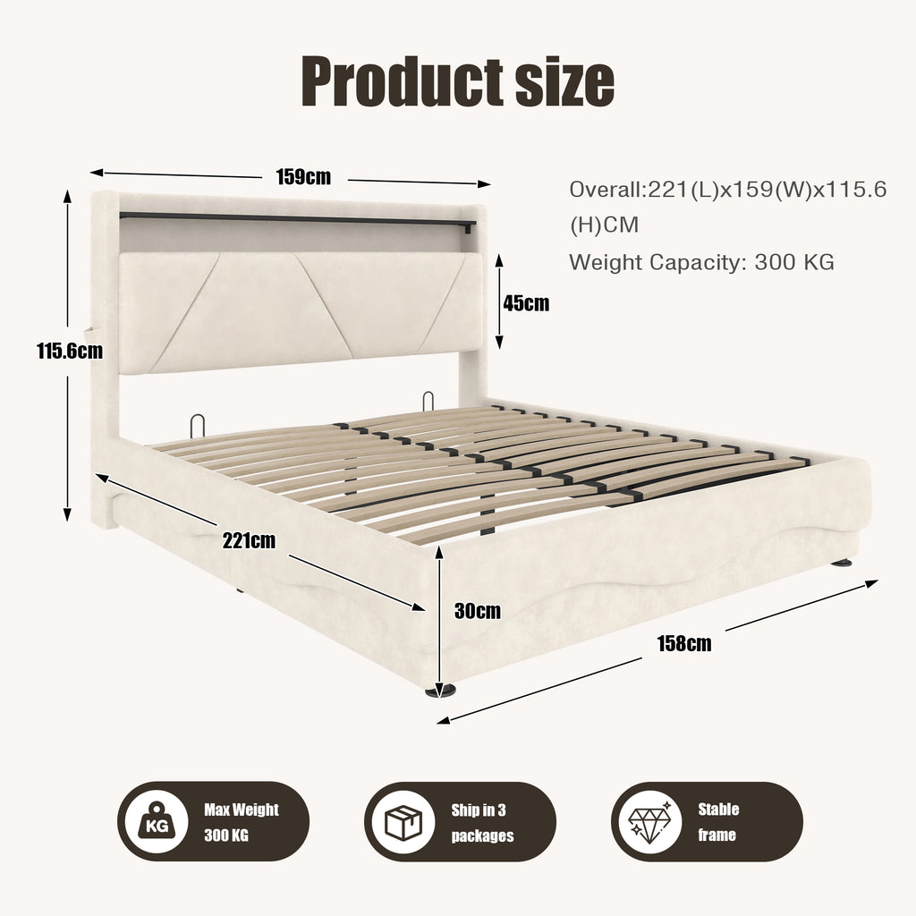 Beige Velvet Storage Bed Frame – 150 × 200 cm — detail 2