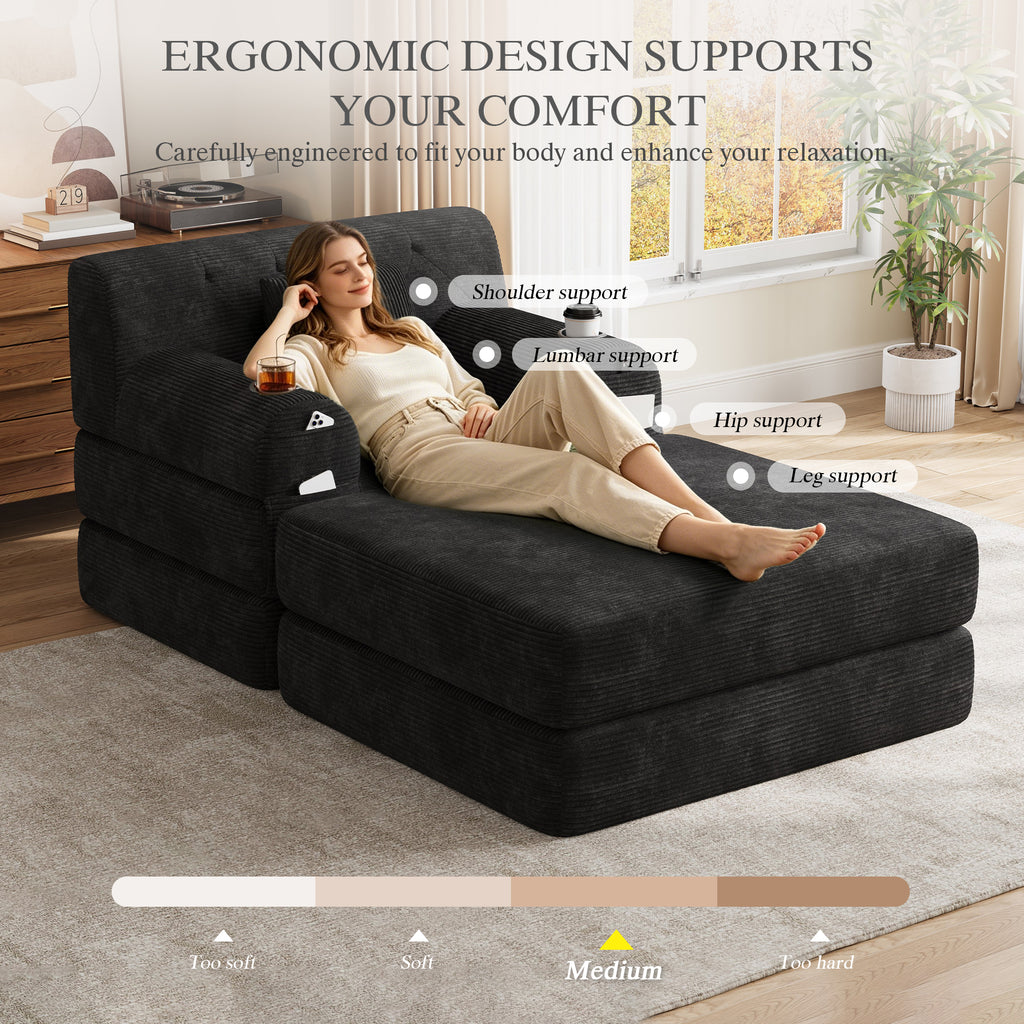 Black Corduroy Sleeper Chair with Ottoman — detail 7