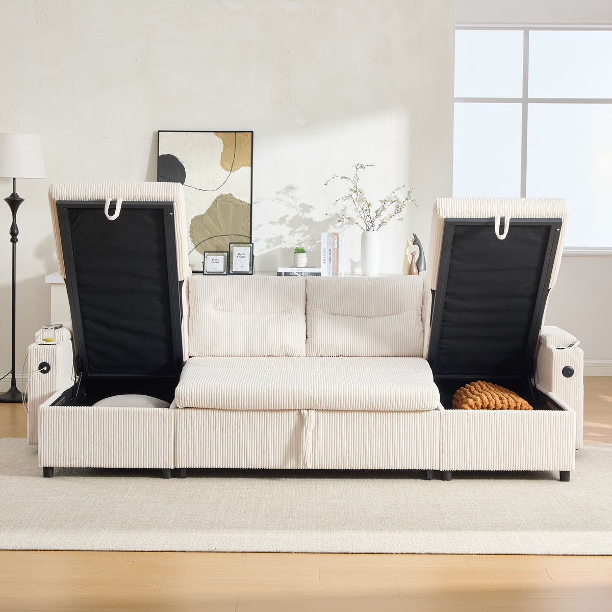 Beige Oversized Chenille Chaise Lounge with Pillows — detail 13