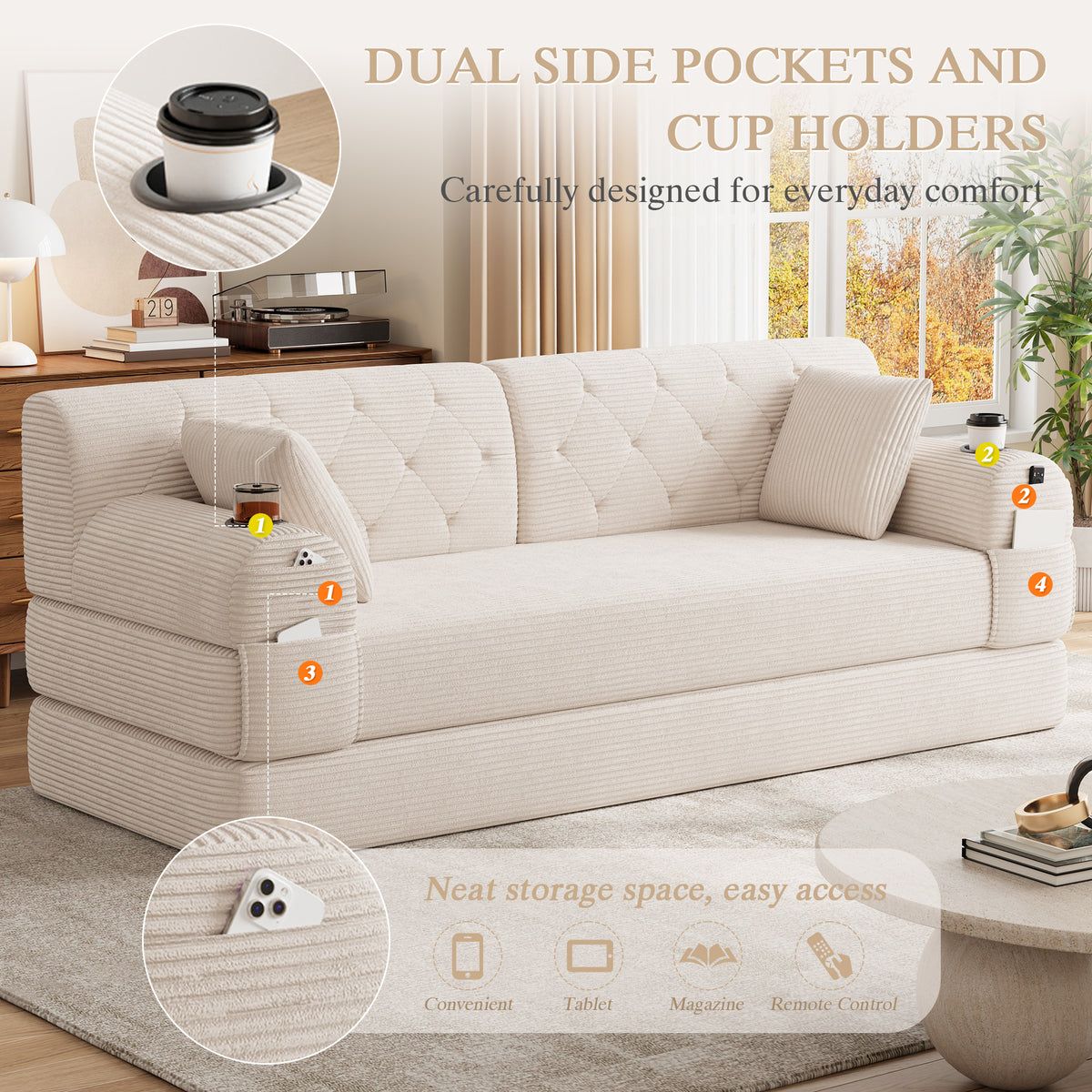 Beige Corduroy 3-Seater Sofa Bed — detail 7