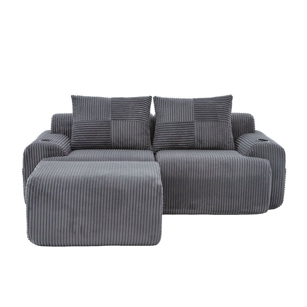 Dark Grey Corduroy 2-Seater Modular Sofa with Ottoman — detail 21